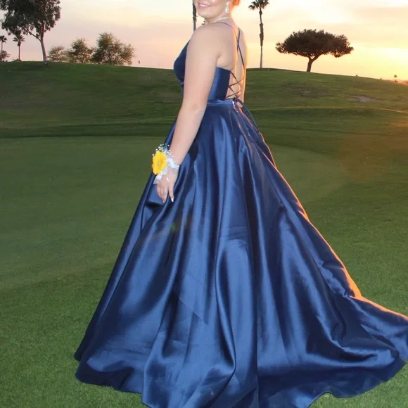blue dress a usmc Long Two Piece Prom Dress Lace High Neck Open Back – alinanova main image 0